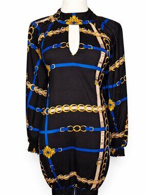 New York & Company Black Gold Chain Print Dress (Pre-Loved)– Bold Chic Statement